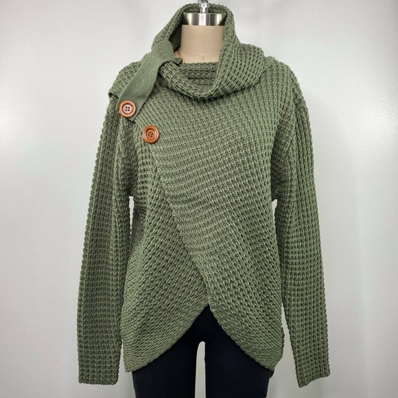 Zenana Sweater Waffle Knit Asymmetrical Hem Cowl Neck Comfy & Cozy Top Olive - Picture 2 of 6